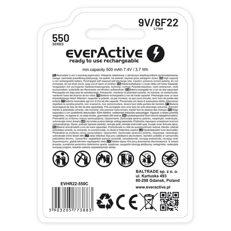 Akumulatorek everActive 6F22/9V Li-ion 550 mAh z USB TYP C… | PartsPC.pl
