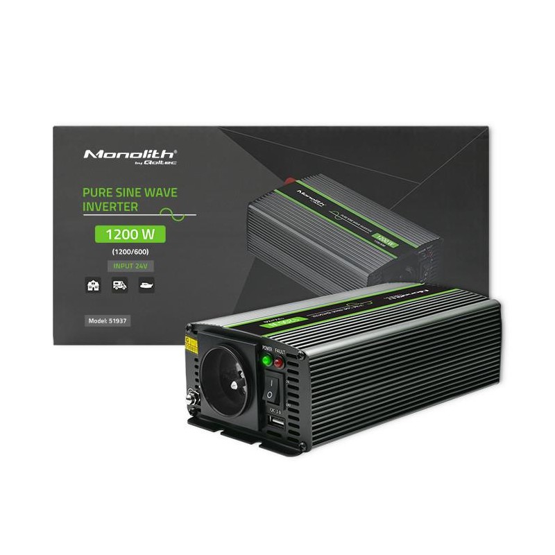 Przetwornica napięcia Qoltec Monolith | 600W | 1200W | 24V na 230V | Czysty