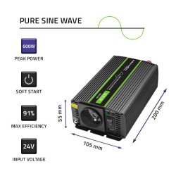 Przetwornica napięcia Qoltec Monolith |300W | 600W | 24V na 230V | Czysty