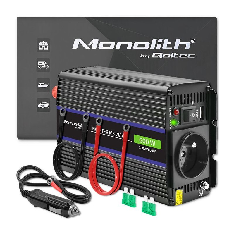 Przetwornica napięcia Qoltec Monolith 600 MS Wave | 12V na 2… | PartsPC.pl