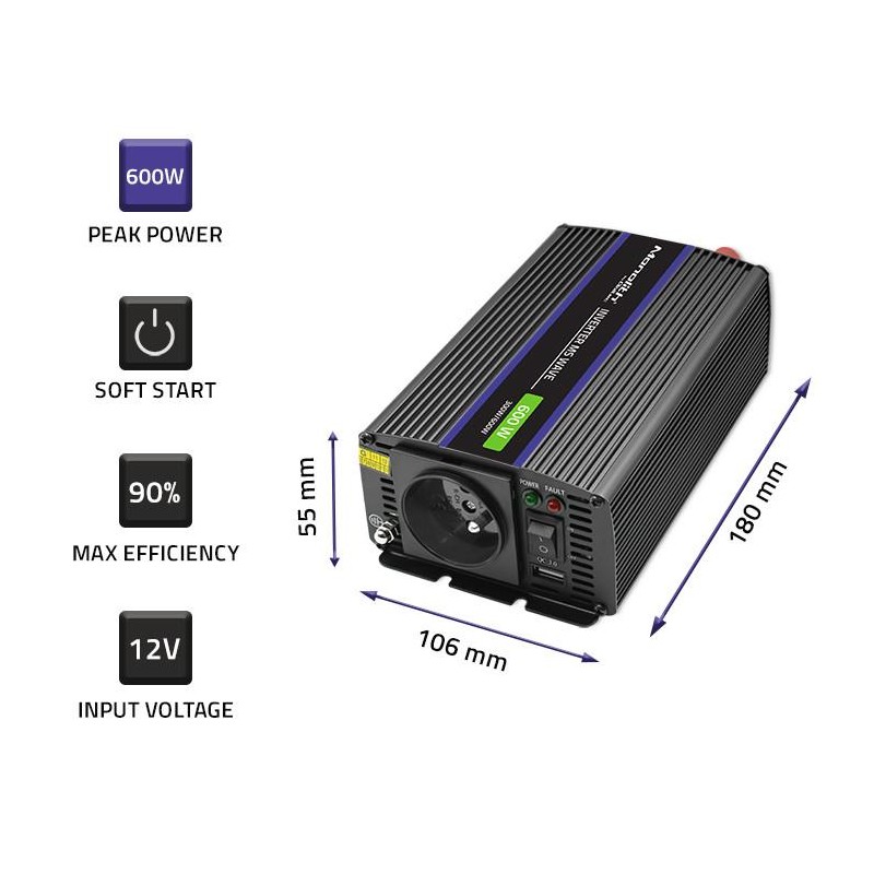 Przetwornica napięcia Qoltec Monolith 600 MS Wave | 12V na 2… | PartsPC.pl