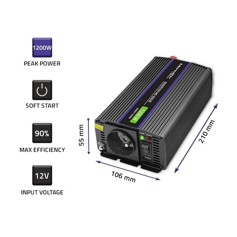Przetwornica napięcia Qoltec Monolith 1200 MS Wave | 12V na … | PartsPC.pl