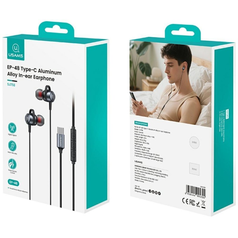 Słuchawki z mikrofonem Usams EP-48 stereo USB-C szare | PartsPC.pl