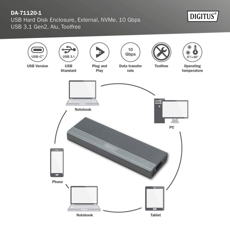 Obudowa DIGITUS USB 3.1 Typ C na dysk SSD M.2 NVMe 10Gbps al… | PartsPC.pl