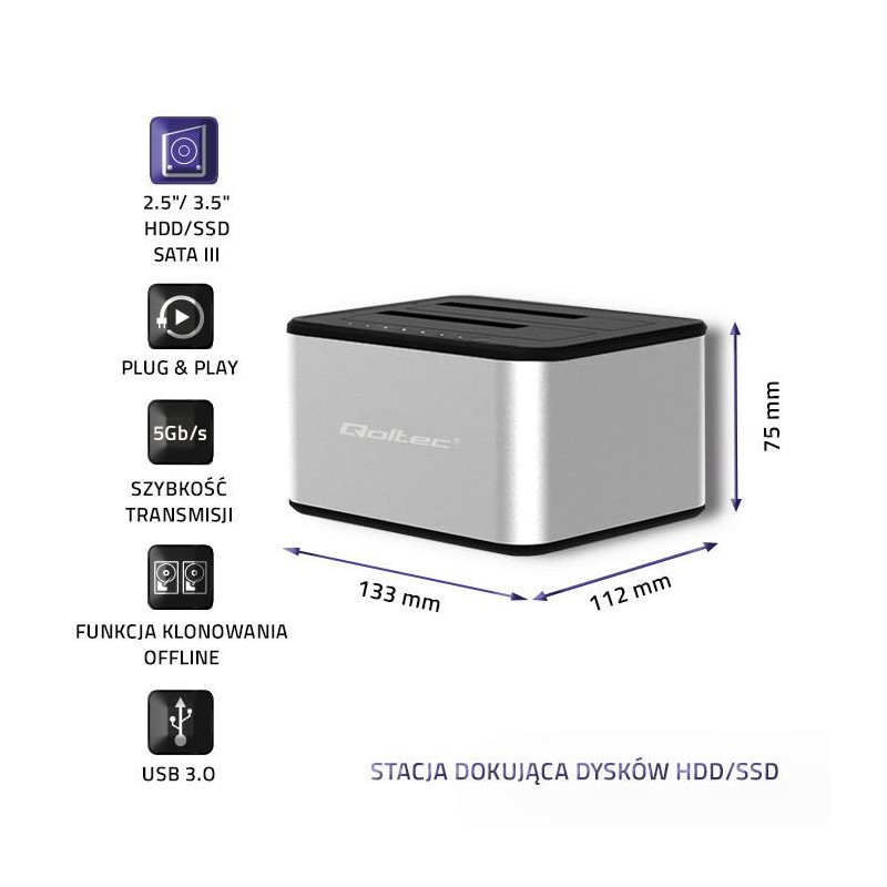 Stacja dokująca Qoltec dysków 2x HDD/SSD | 2.5" / 3.5" SATA | USB 3.0 |