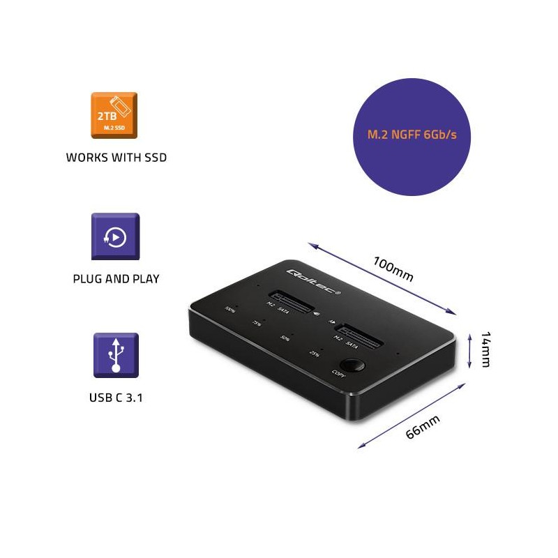 Stacja dokująca Qoltec dysków 2x SSD M.2 SATA | NGFF | USB typ C