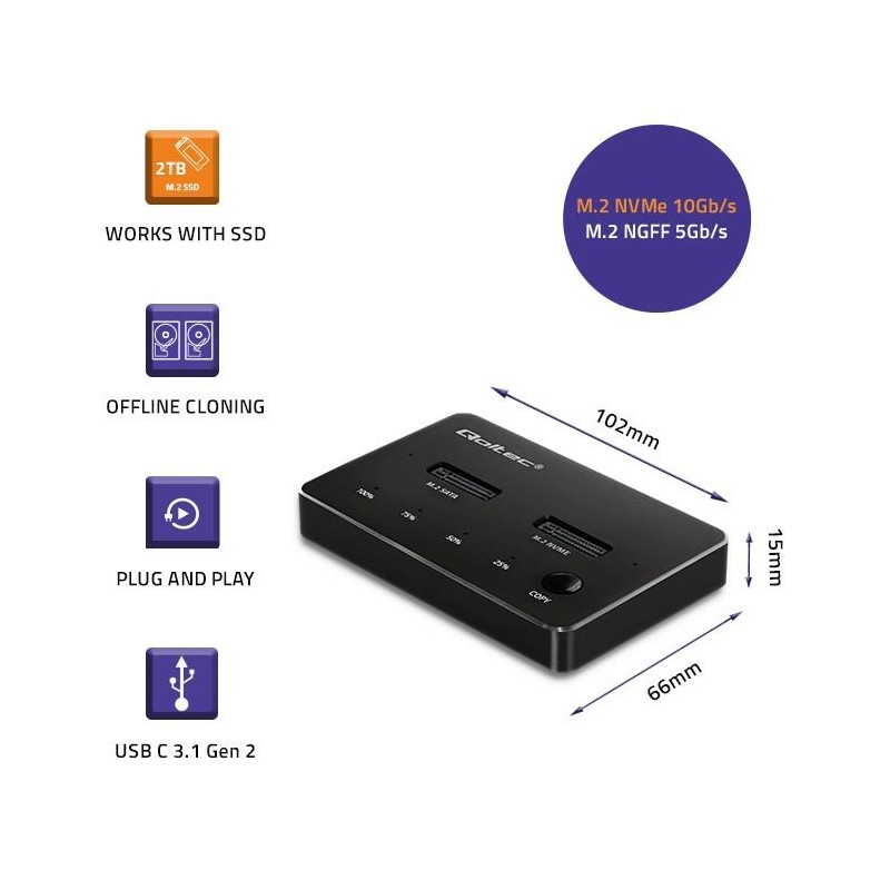Stacja dokująca Qoltec dysków SSD M.2 | NVMe | SATA | USB-C | DUAL 2 x 2TB