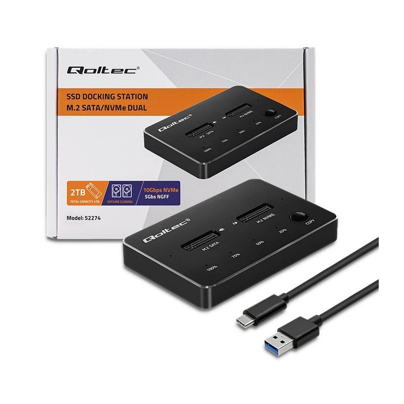 Stacja dokująca Qoltec dysków SSD M.2 | NVMe | SATA | USB-C | DUAL 2 x 2TB