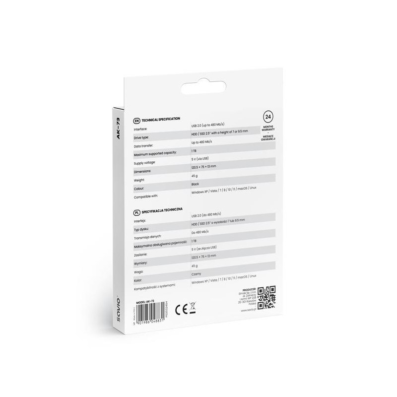 Obudowa na dysk zewnętrzny Savio AK-73 HDD/SDD 2,5' USB 2.0