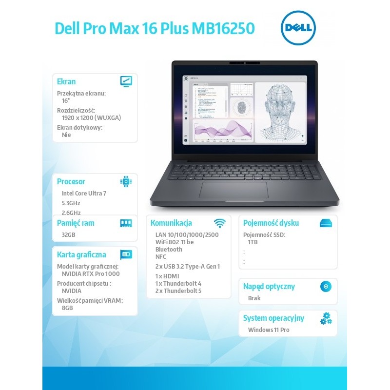 Stacja robocza Dell Pro Max 16 Plus MB16250 W11P U7-265HX|32… | PartsPC.pl