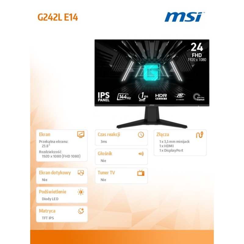 Monitor G242L E14    23.8/LED/FHD/Flat/144Hz/Czarny | PartsPC.pl