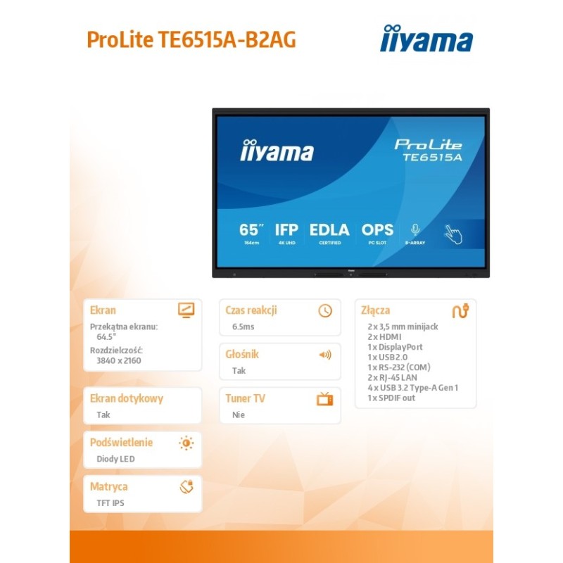 Monitor interaktywny 65 cali TE6515A-B2AG VA,4K,40pkt,550cd,… | PartsPC.pl