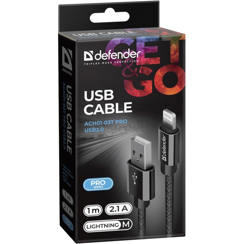 Kabel USB Defender USB-LIGHTNING 1m 2,1A czarny | PartsPC.pl