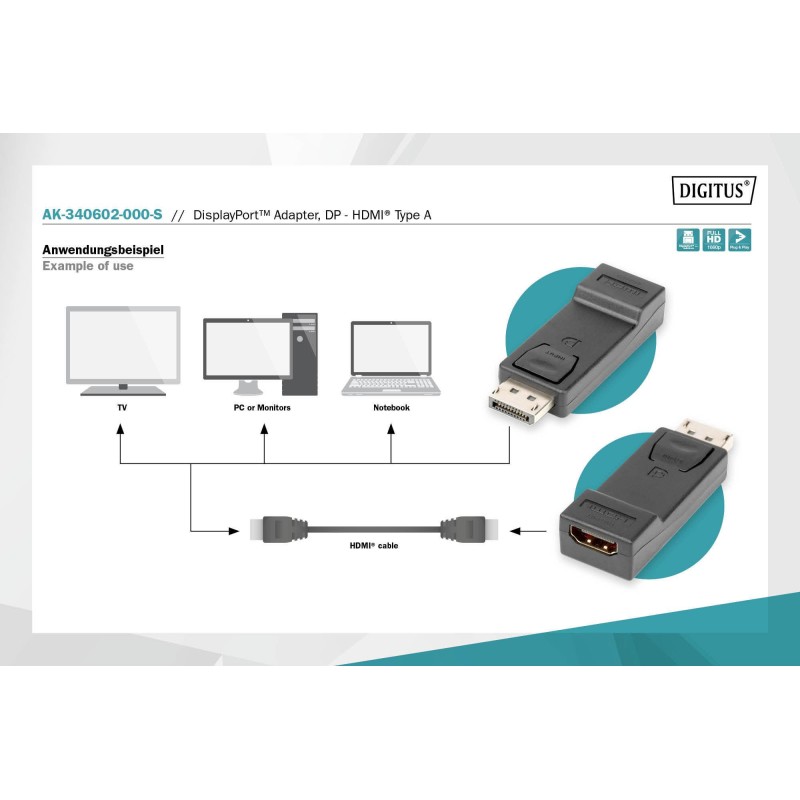 Adapter DIGITUS DisplayPort, DP-HDMI typA, M/Ż | PartsPC.pl