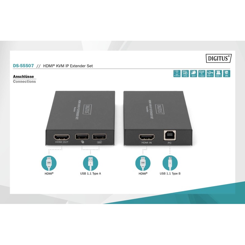 Przedłużacz/Extender DIGITUS KVM HDMI+USB 150m po Cat.5e... | PartsPC.pl