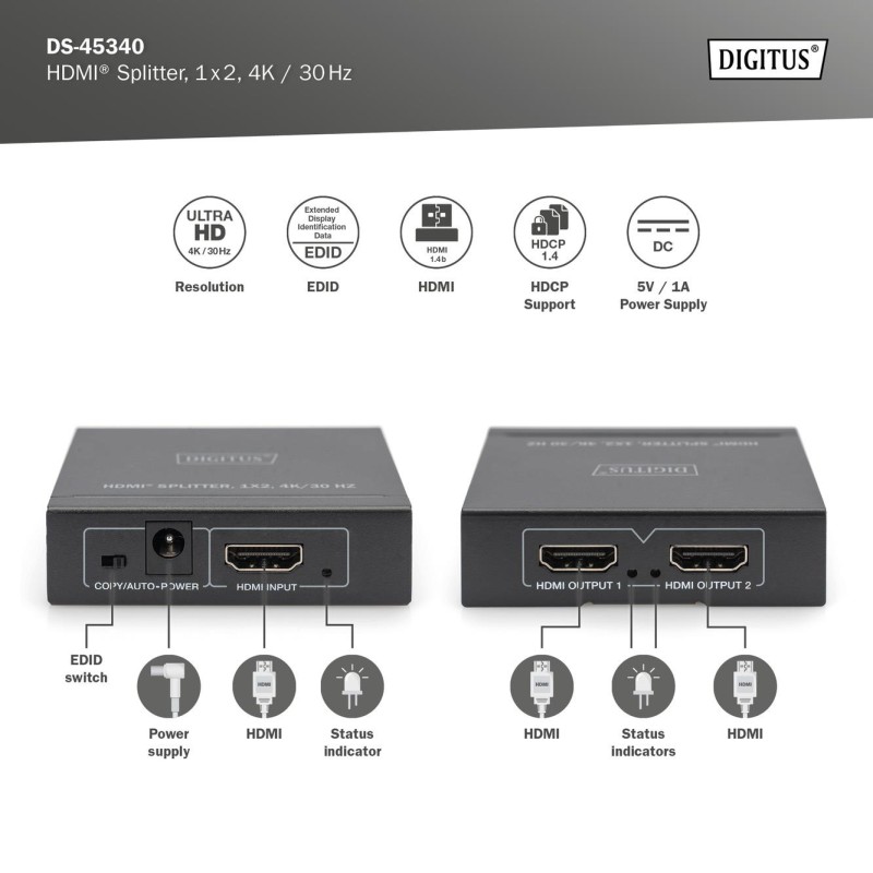 Rozdzielacz/Splitter HDMI DIGITUS 2-portowy 4K/30Hz EDID HDC… | PartsPC.pl