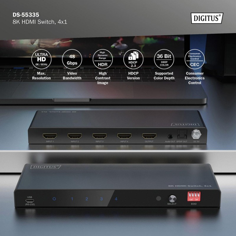 Przełącznik/Switch DIGITUS HDMI 4x1, 8K/60Hz (4:4:4) z HDR, … | PartsPC.pl