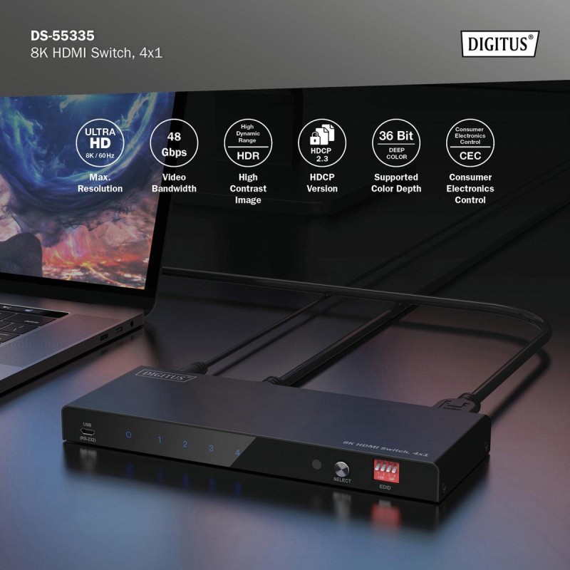 Przełącznik/Switch DIGITUS HDMI 4x1, 8K/60Hz (4:4:4) z HDR, … | PartsPC.pl