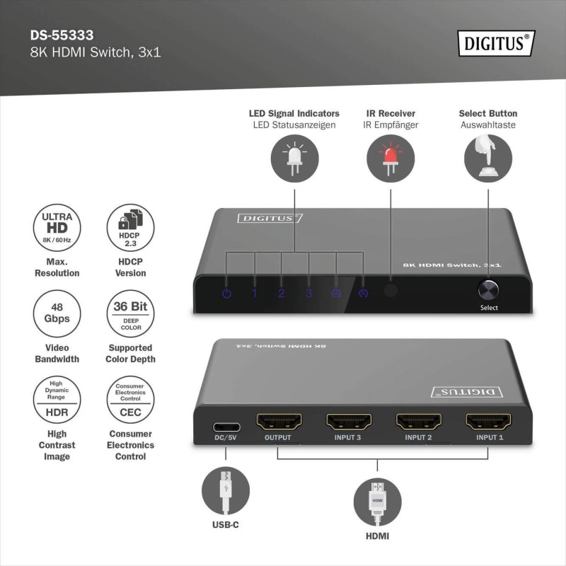 Przełącznik/Switch DIGITUS HDMI 3x1, 8K/60Hz (4:4:4) z... | PartsPC.pl