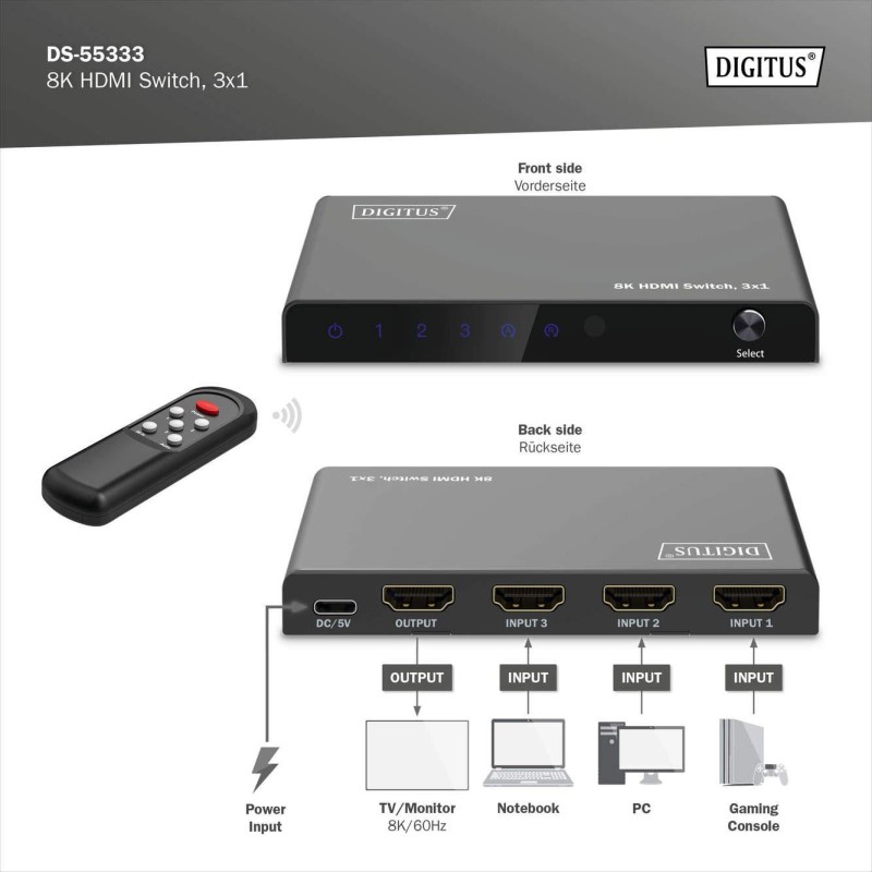 Przełącznik/Switch DIGITUS HDMI 3x1, 8K/60Hz (4:4:4) z... | PartsPC.pl