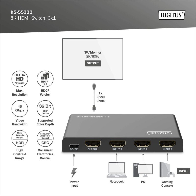 Przełącznik/Switch DIGITUS HDMI 3x1, 8K/60Hz (4:4:4) z... | PartsPC.pl