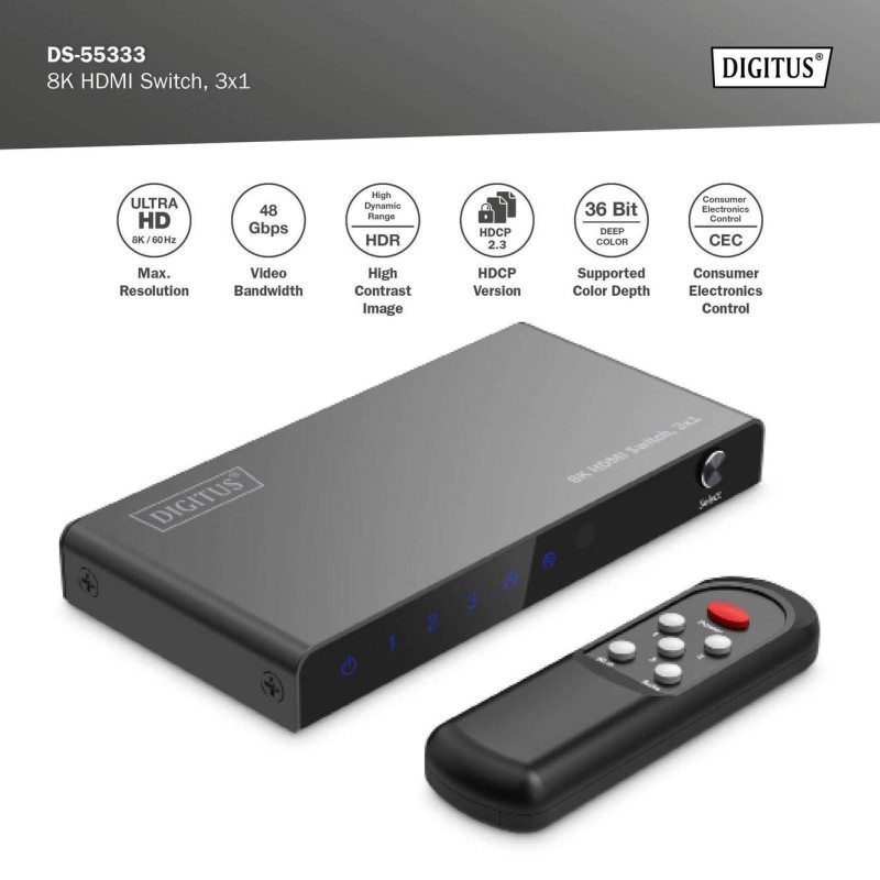 Przełącznik/Switch DIGITUS HDMI 3x1, 8K/60Hz (4:4:4) z... | PartsPC.pl