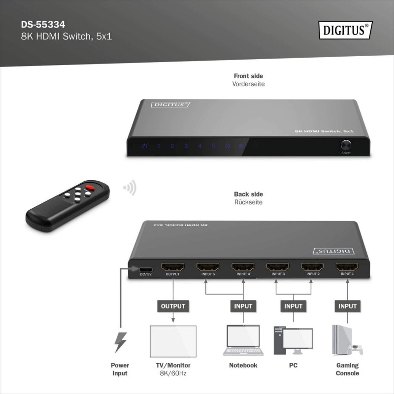 Przełącznik/Switch DIGITUS HDMI 5x1, 8K/60Hz (4:4:4) z HDR, … | PartsPC.pl