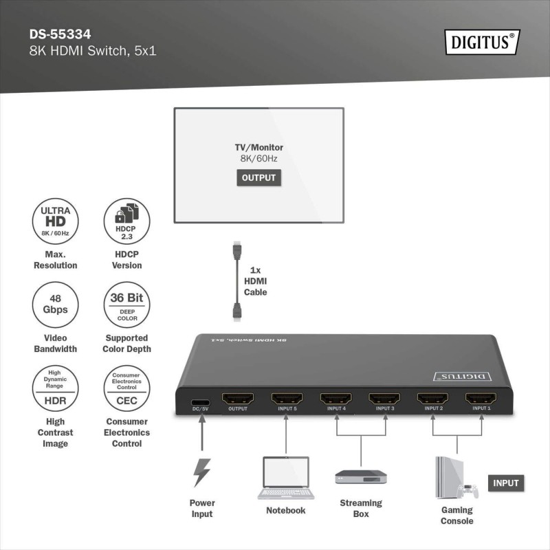 Przełącznik/Switch DIGITUS HDMI 5x1, 8K/60Hz (4:4:4) z HDR, … | PartsPC.pl