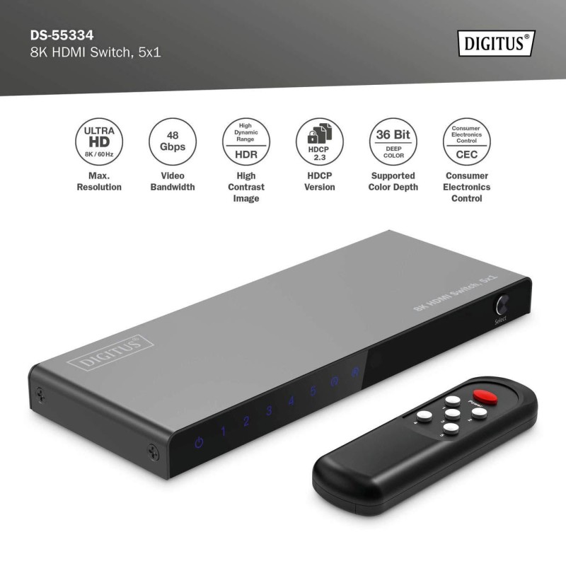 Przełącznik/Switch DIGITUS HDMI 5x1, 8K/60Hz (4:4:4) z HDR, … | PartsPC.pl