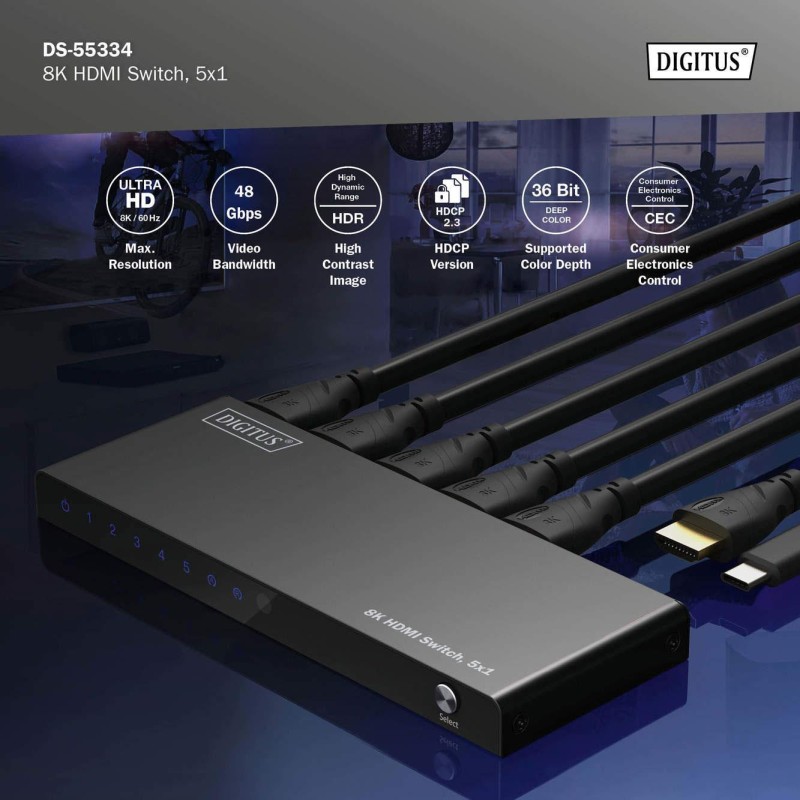 Przełącznik/Switch DIGITUS HDMI 5x1, 8K/60Hz (4:4:4) z HDR, … | PartsPC.pl