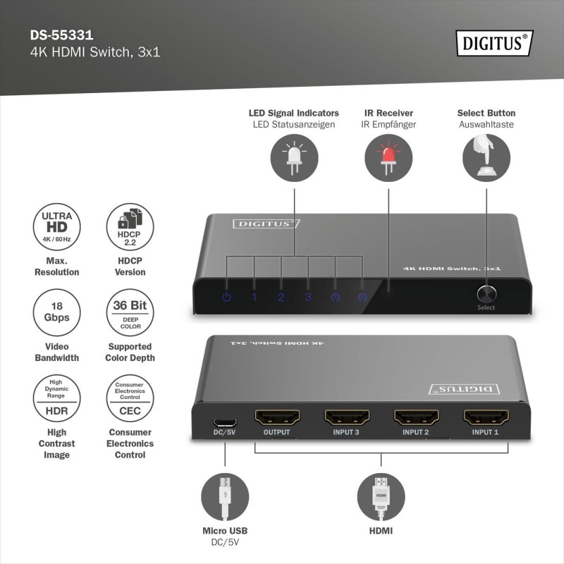 Przełącznik/Switch DIGITUS HDMI 3x1, 4K/60Hz UHD z HDR, 18 G… | PartsPC.pl