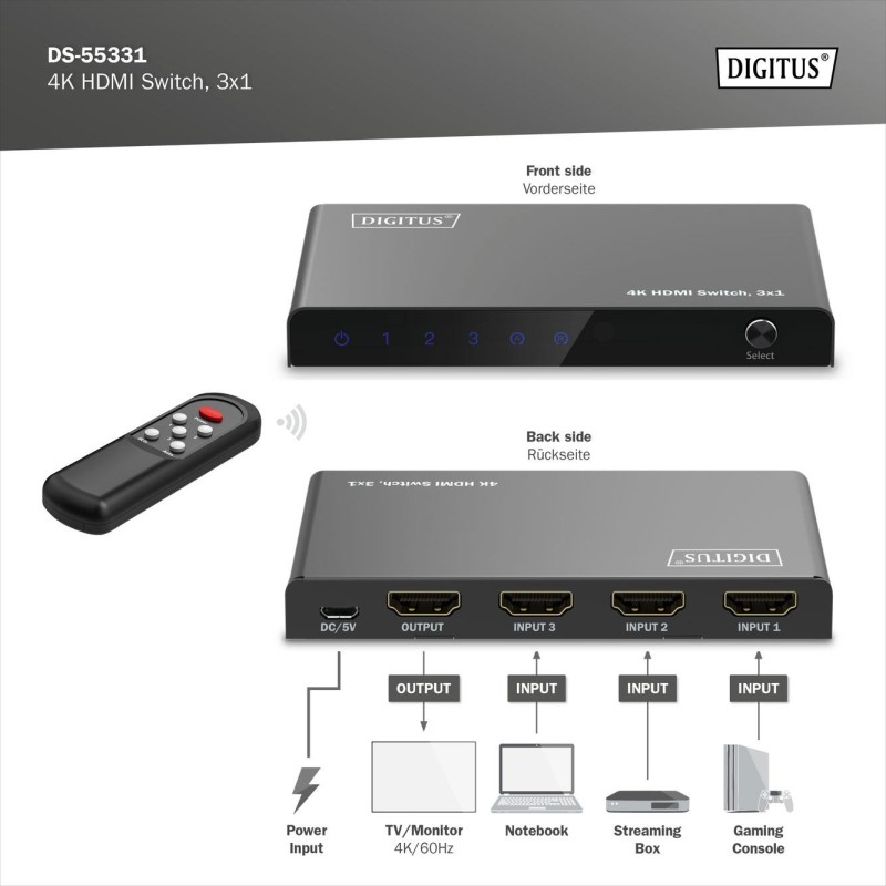 Przełącznik/Switch DIGITUS HDMI 3x1, 4K/60Hz UHD z HDR, 18 G… | PartsPC.pl