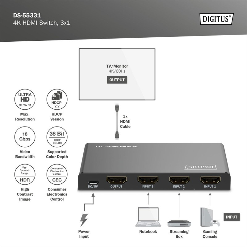 Przełącznik/Switch DIGITUS HDMI 3x1, 4K/60Hz UHD z HDR, 18 G… | PartsPC.pl