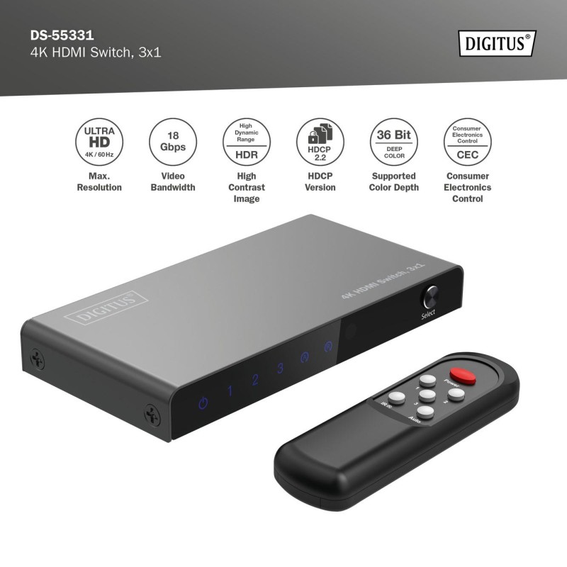 Przełącznik/Switch DIGITUS HDMI 3x1, 4K/60Hz UHD z HDR, 18 G… | PartsPC.pl
