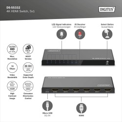 Przełącznik/Switch DIGITUS HDMI 5x1, 4K/60Hz UHD z HDR, 18 G… | PartsPC.pl