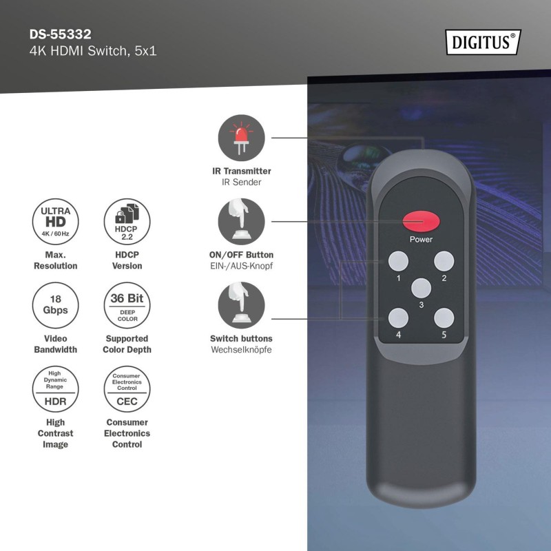 Przełącznik/Switch DIGITUS HDMI 5x1, 4K/60Hz UHD z HDR, 18 G… | PartsPC.pl