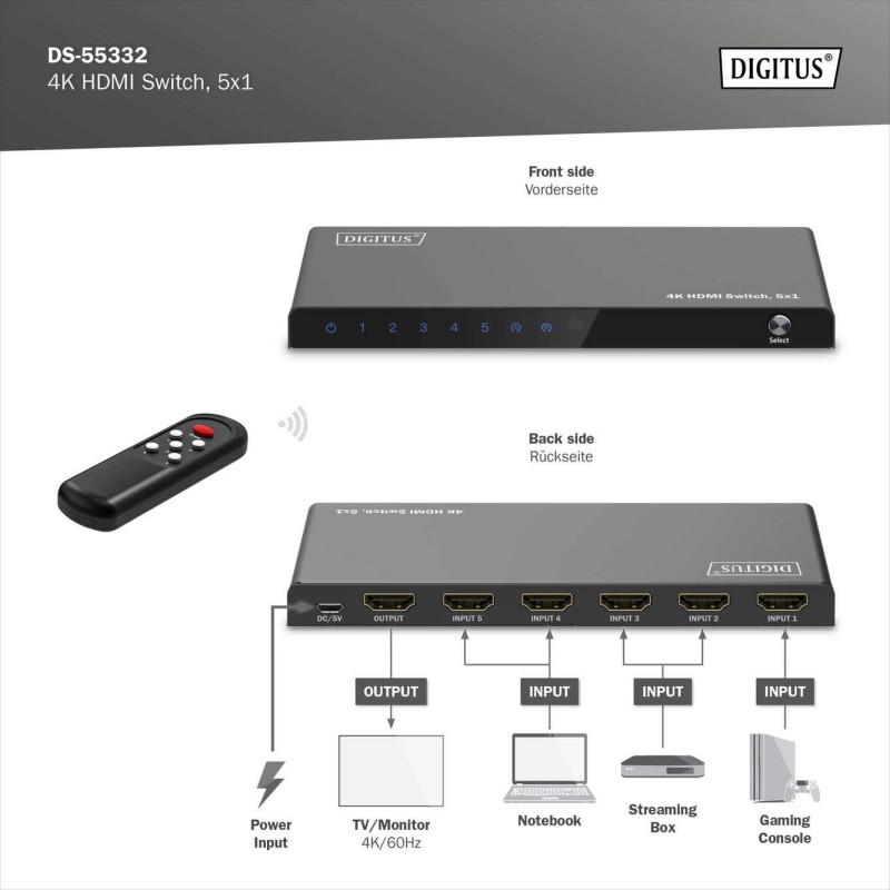 Przełącznik/Switch DIGITUS HDMI 5x1, 4K/60Hz UHD z HDR, 18 G… | PartsPC.pl