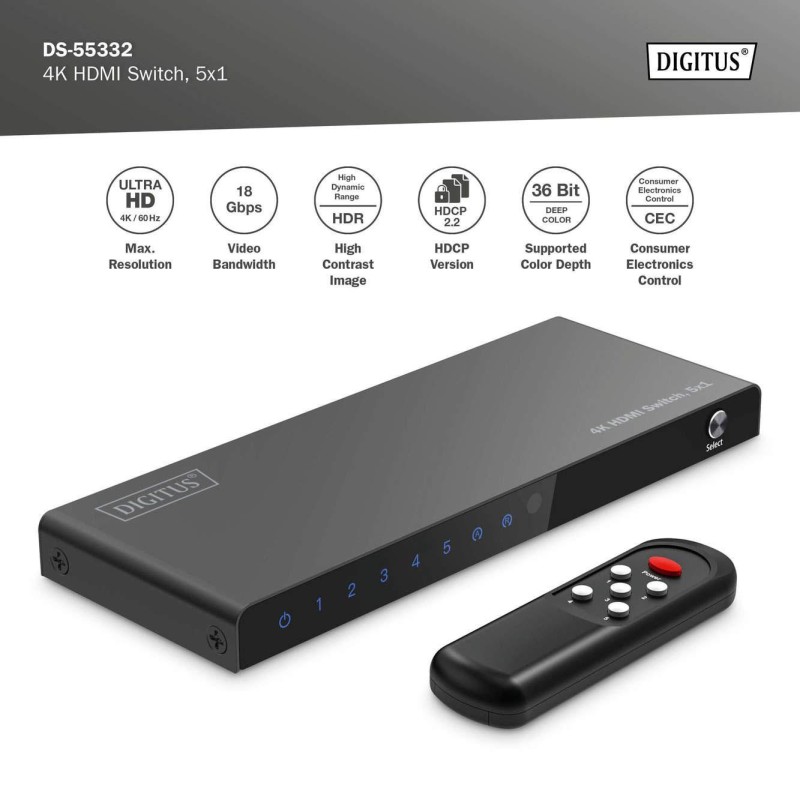 Przełącznik/Switch DIGITUS HDMI 5x1, 4K/60Hz UHD z HDR, 18 G… | PartsPC.pl