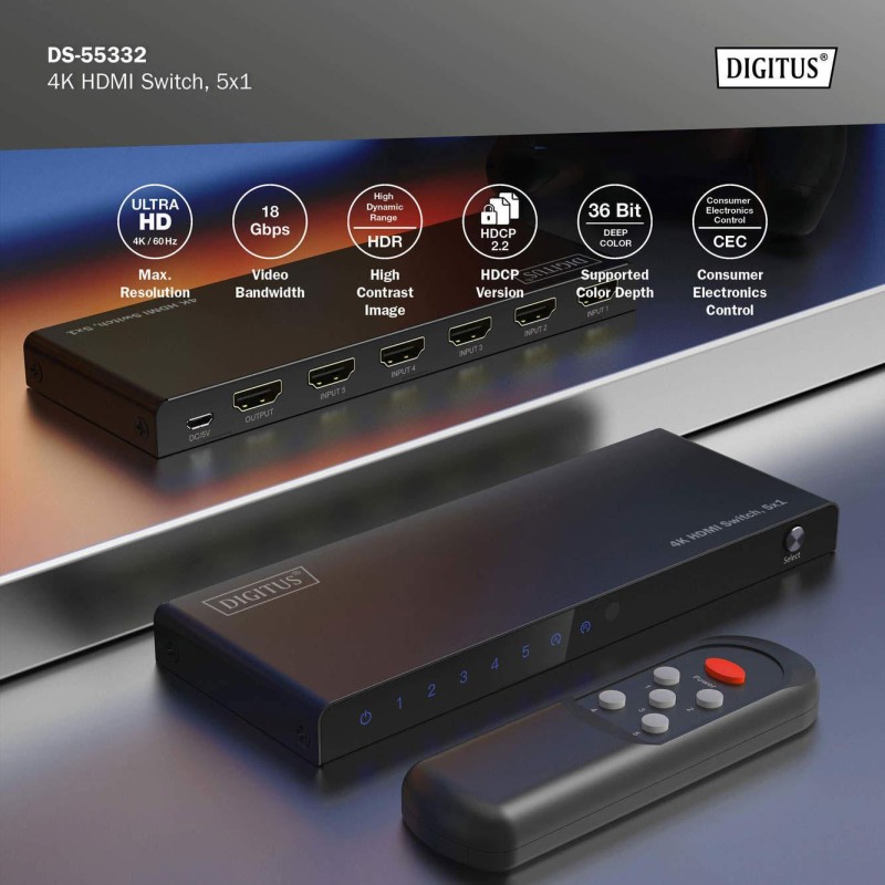 Przełącznik/Switch DIGITUS HDMI 5x1, 4K/60Hz UHD z HDR, 18 G… | PartsPC.pl