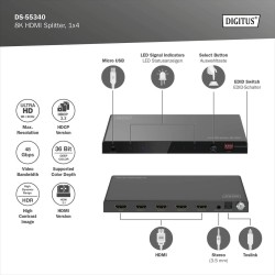 Rozdzielacz/Splitter DIGITUS HDMI 1x4, 8K/60Hz (4:4:4) z HDR, 48 Gbps, HDCP
