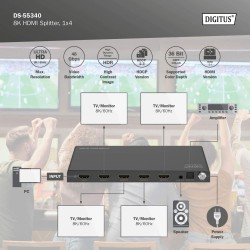 Rozdzielacz/Splitter DIGITUS HDMI 1x4, 8K/60Hz (4:4:4) z HDR, 48 Gbps, HDCP