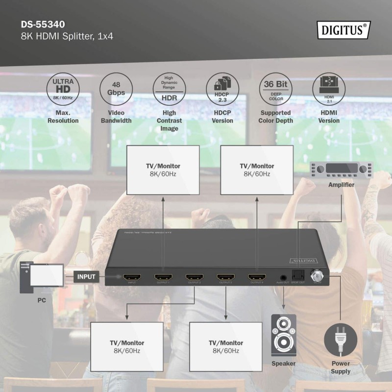 Rozdzielacz/Splitter DIGITUS HDMI 1x4, 8K/60Hz (4:4:4) z HDR, 48 Gbps, HDCP