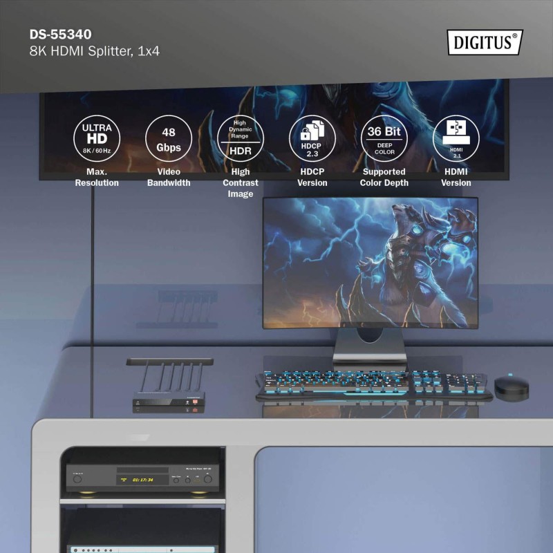 Rozdzielacz/Splitter DIGITUS HDMI 1x4, 8K/60Hz (4:4:4) z HDR, 48 Gbps, HDCP