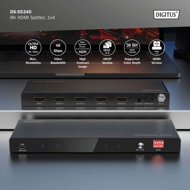 Rozdzielacz/Splitter DIGITUS HDMI 1x4, 8K/60Hz (4:4:4) z HDR, 48 Gbps, HDCP