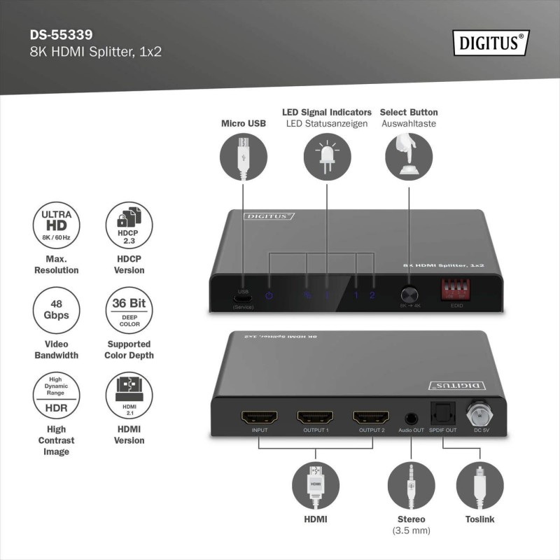 Rozdzielacz/Splitter DIGITUS HDMI 1x2, 8K/60Hz (4:4:4) z HDR… | PartsPC.pl