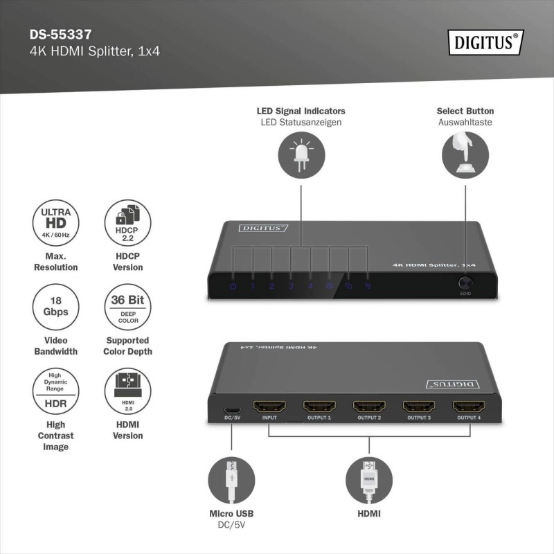 Rozdzielacz/Splitter DIGITUS HDMI 1x4, 4K/60Hz UHD z HDR, 18… | PartsPC.pl