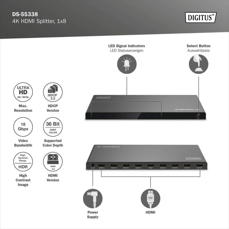 Rozdzielacz/Splitter DIGITUS HDMI 1x8, 4K/60Hz UHD z HDR, 18 Gbps, HDCP