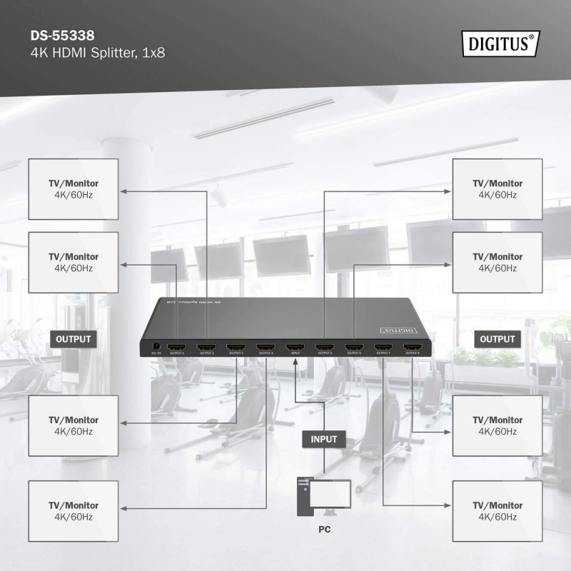 Rozdzielacz/Splitter DIGITUS HDMI 1x8, 4K/60Hz UHD z HDR, 18 Gbps, HDCP