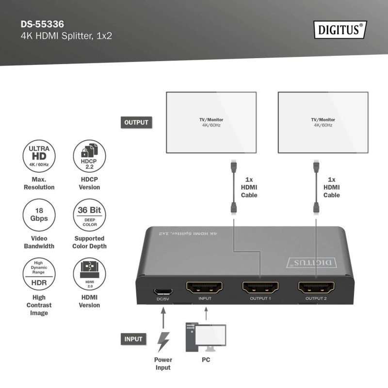 Rozdzielacz/Splitter DIGITUS HDMI 1x2, 4K/60Hz UHD z HDR, 18… | PartsPC.pl