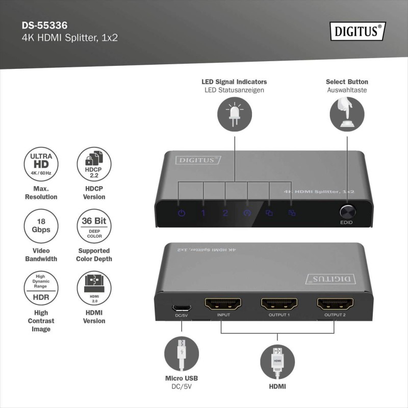 Rozdzielacz/Splitter DIGITUS HDMI 1x2, 4K/60Hz UHD z HDR, 18… | PartsPC.pl